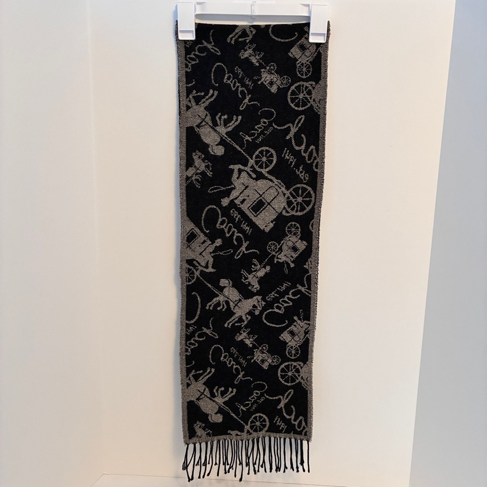 Coach Horse & Carriage Motif Black Gray Reversible Wool Cashmere Muffler Scarf - Picture 1 of 8